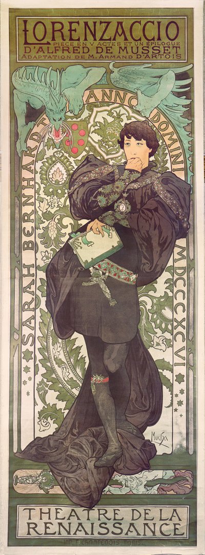 Lorenzaccio, with Sarah Bernhardt, at the Renaissance at the Théâtre de la Renaissance (poster), 1896 by Alphonse Mucha